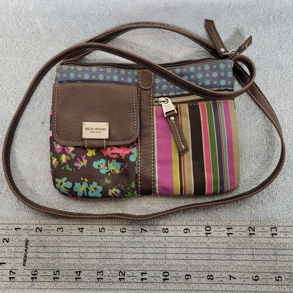 Relic Brand Colorful Striped Floral Polka Dot Crossbody Bag RLS2252 Brown Trim